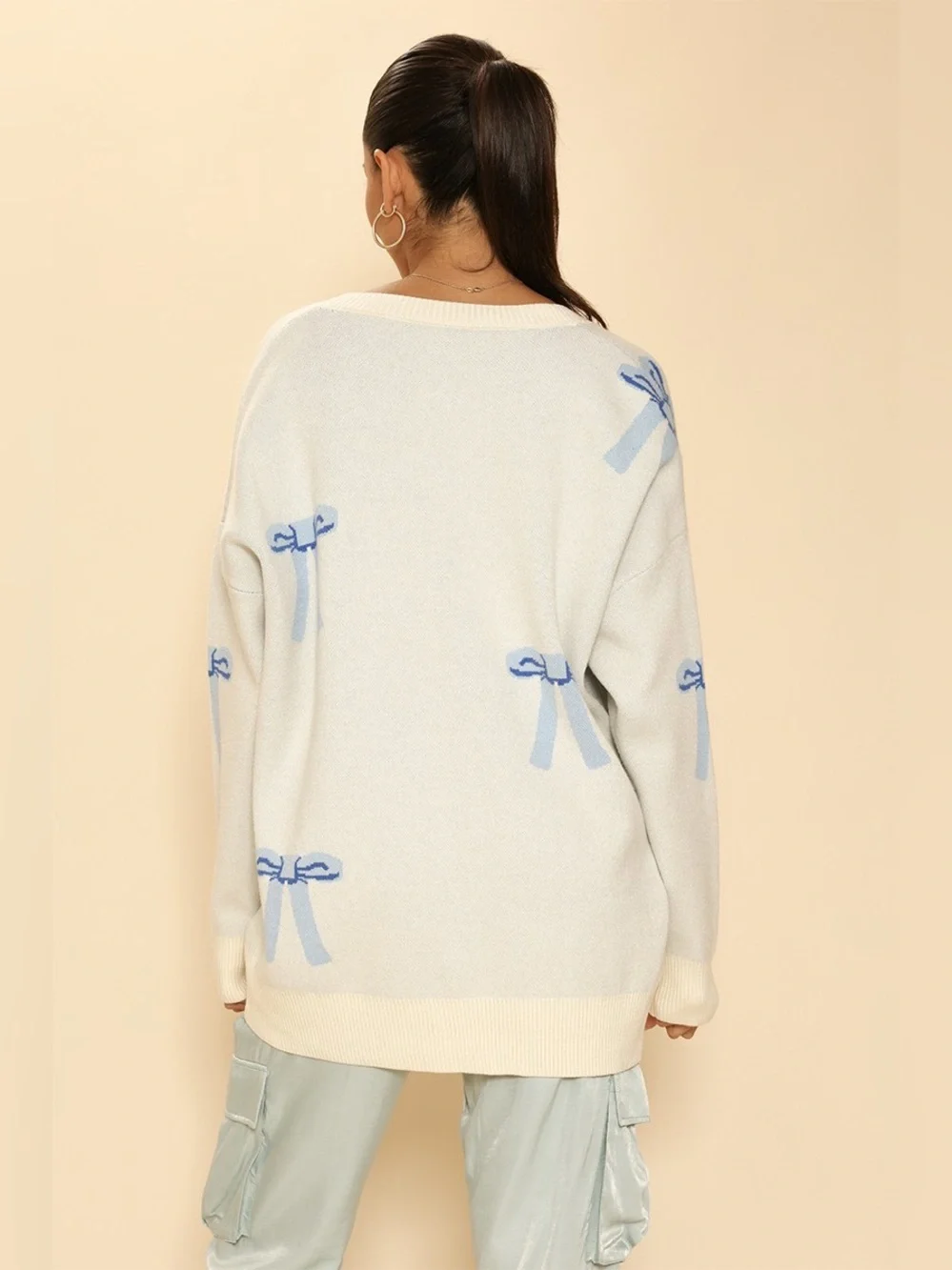 Miss Sparkling All Over Bow Oversized Knit Cardigan Size L in Blue - Picture 5 of 5